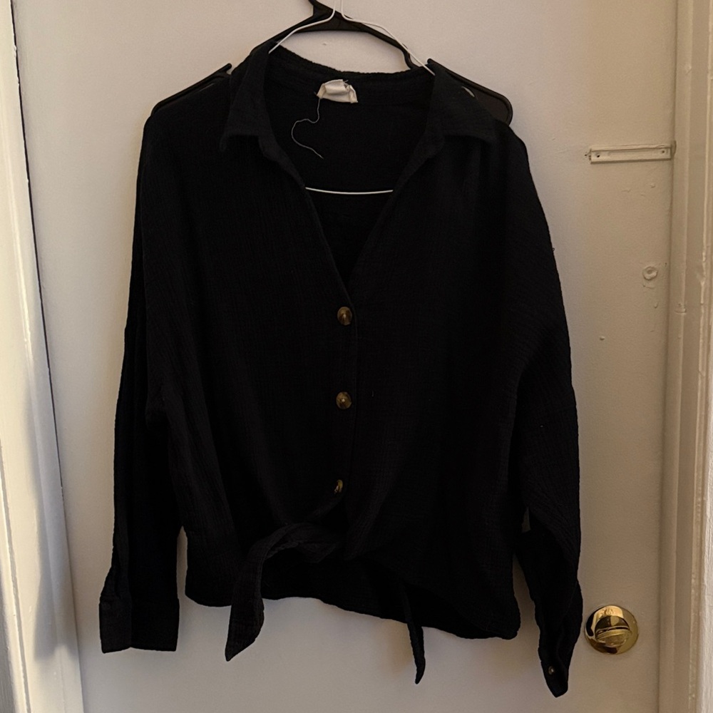 LOFT Black Button-Up tie front shirt